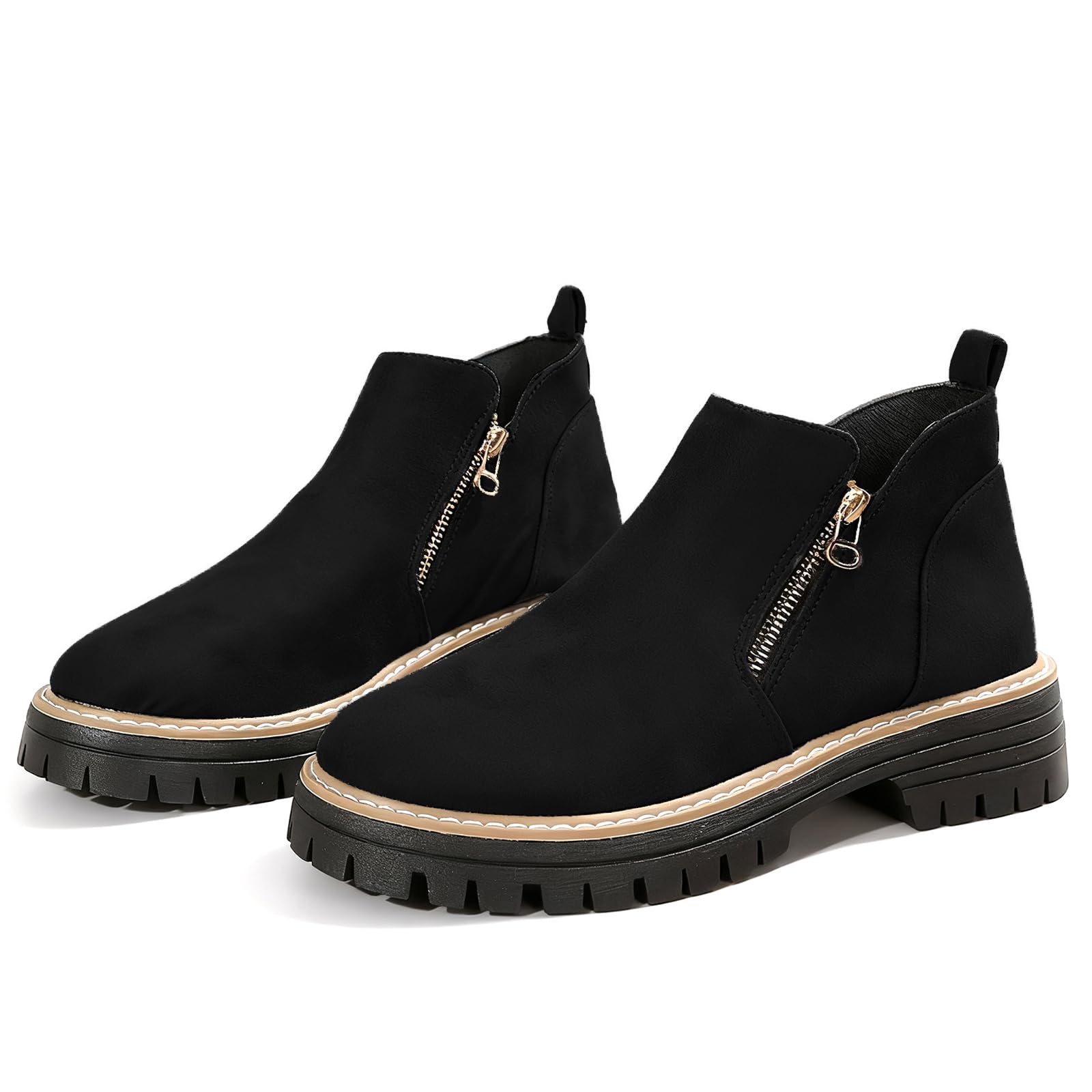 Chunky Heel Ankle Boots For Women Suede Comfy Platform Lug-Sole Round Toe Short Booties With Side Zipper Casual