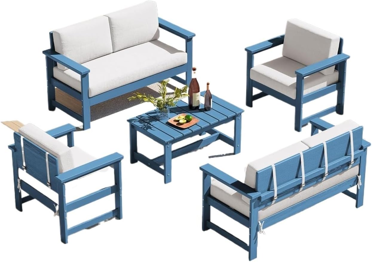 A 5-piece Sofa Set, Consisting of 2 Double-Seater and 1 Single-Seater Sofas, with A Coffee Table, for Outdoor Use(Blue Frame/Khaki Cushion)