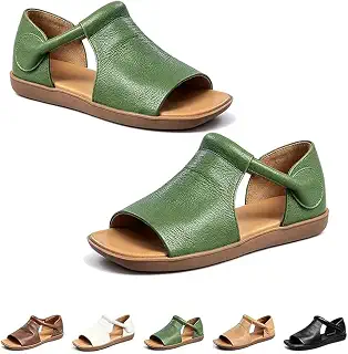 Women's Vintage Soft Leather Sandals,Comfortable Peep Toe Flat Walking Shoes,Casual Lightweight daily commuting [並行輸入品]