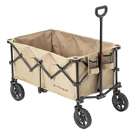 BLACKDEER Collapsible Utility Wagon Cart with Wheels, Folding Portable Heavy Duty Garden Wagon with Adjustable Handle & 2 Drink Holders, Outdoor Garden Cart Travel, Shopping, Camping