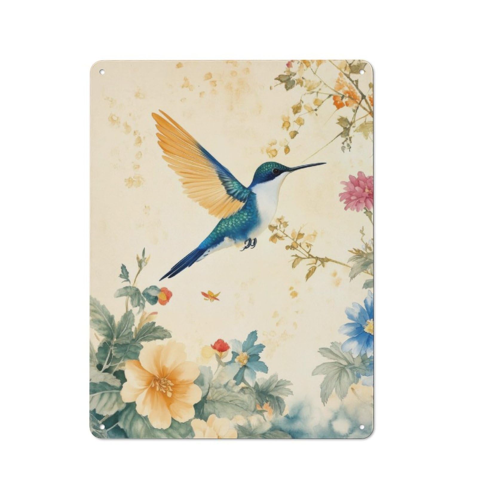 Hummingbird in Bloom Watercolor Decorative Metal Plaque for Bar Wall, Pub Room And Party Space, Gift for Friends, Dad Or Home Bar Owners, 40x30cm
