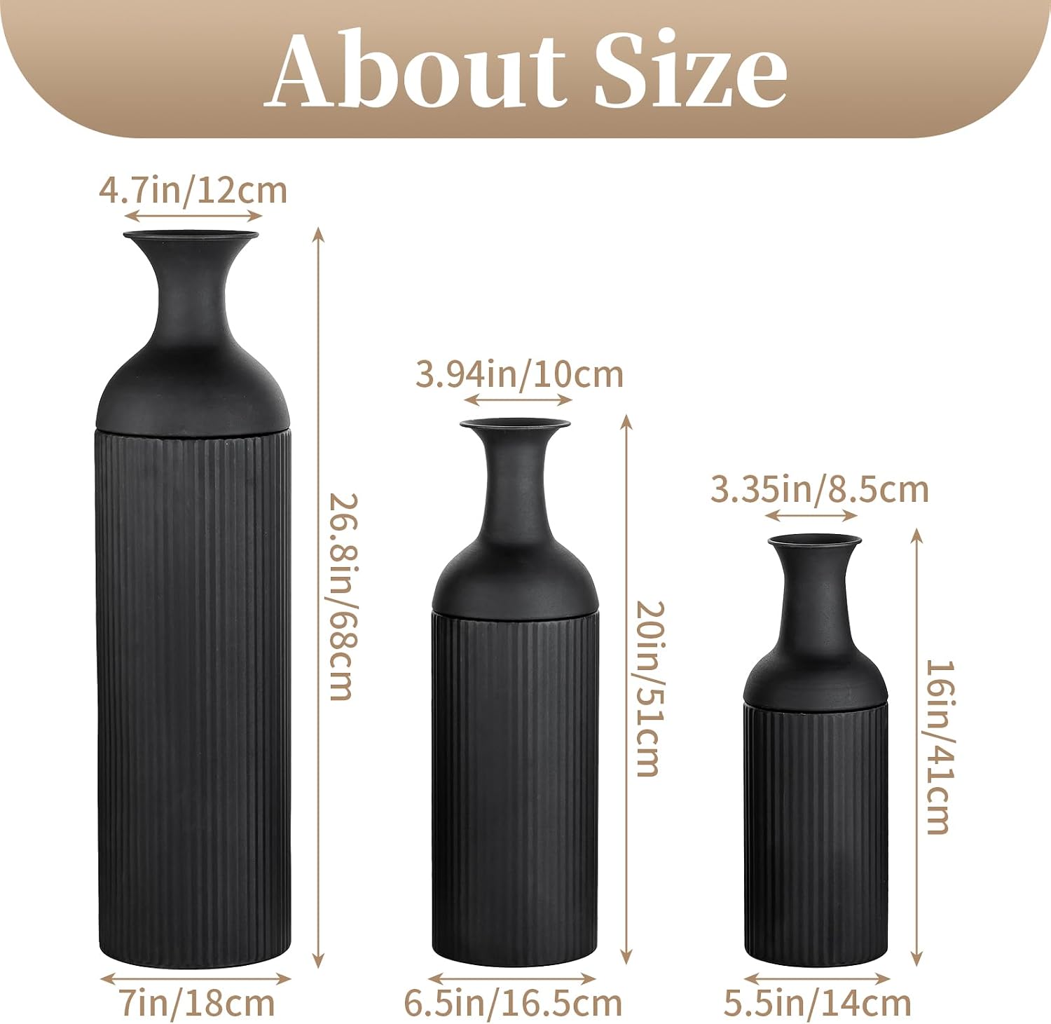 Sziqiqi Black Modern Tall Floor Vase, Ribbed Metal Standing Decor, 3Pcs image 5