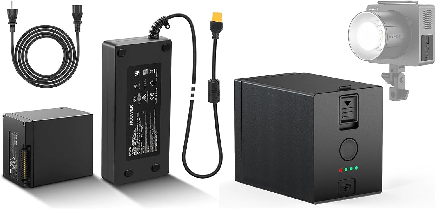 NEEWER NT-Q6 Dummy Battery Kit + NB-Q6 Lithium Rechargeable Replacement Battery for Q6 Outdoor Flash Strobe Speedlight Kit with AC Power Adapter & Cable, 33.6V 20A Replacement Battery, 16.4ft Length