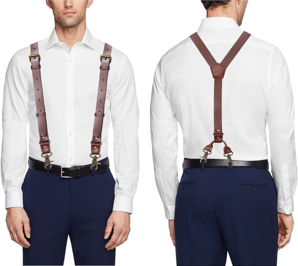 MUNION Leather Mens Suspenders Heavy Duty Y Back Adjustable with 4 Snap Hooks Vintage Mens Suspenders Brace Big and Tall - Image 3