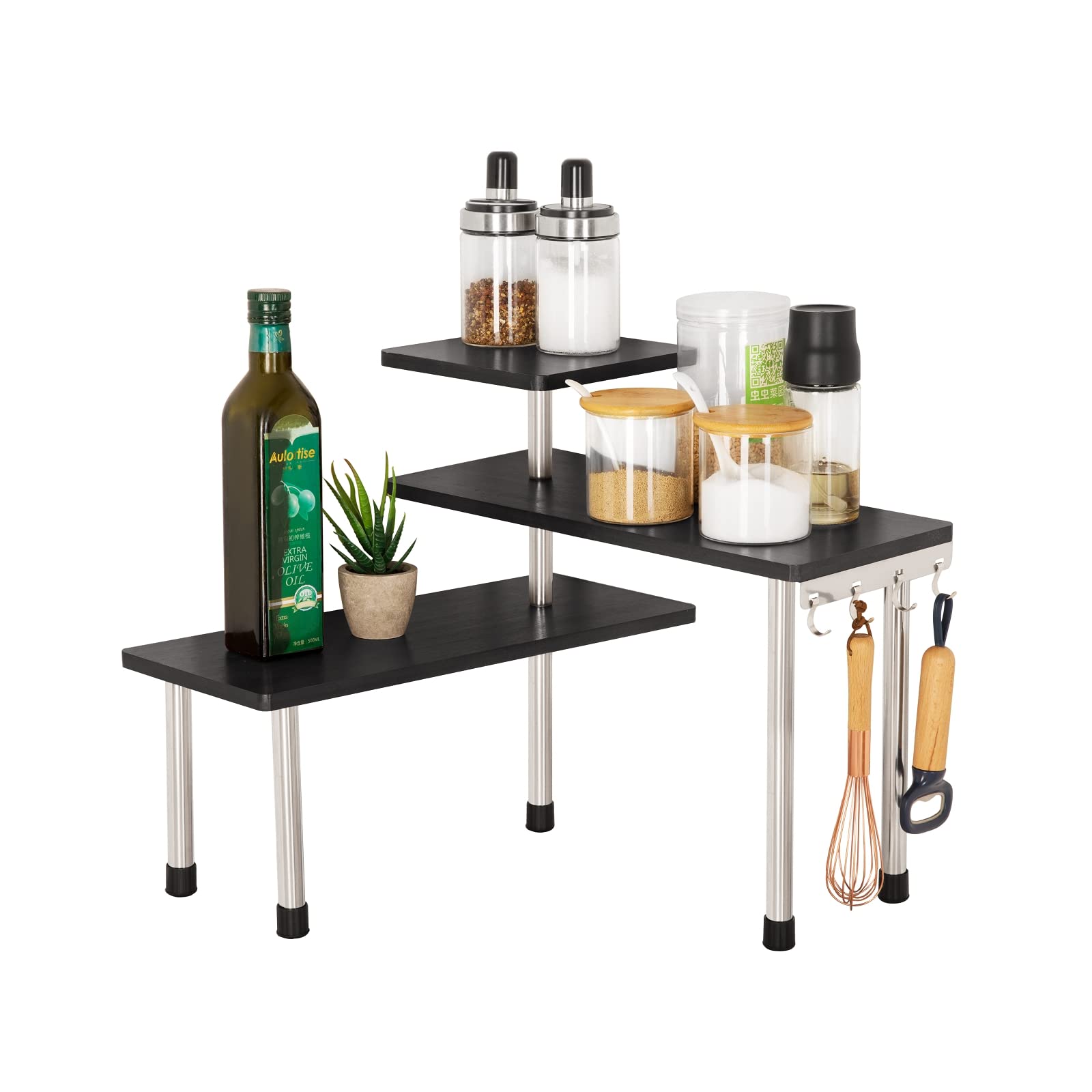Venloup Upgraded 3 Tier Corner Shelf, Adjustable Bamboo Storage Spice Rack with Hooks, Freestanding Space Saving Counter Display Shelf for Kitchen, Office and Bedroom (Black
