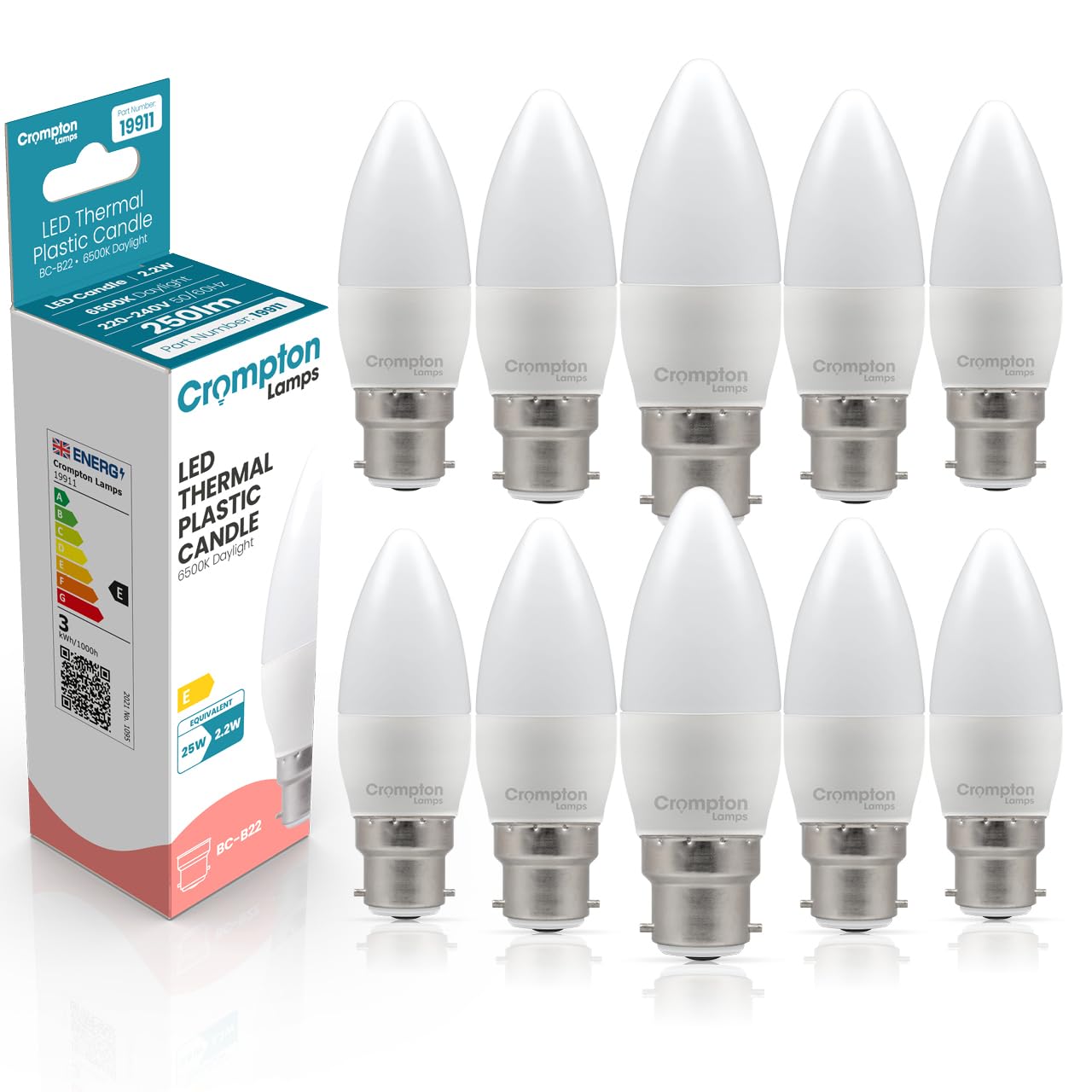 Crompton Lamps Candle LED B22 Bulb | 2.2W = 25W Equivalent | Daylight 6500K | Energy Efficient | Bayonet Lightbulb | Long Life 15,000-Hrs | Bulbs for Lamps | 10-Pack