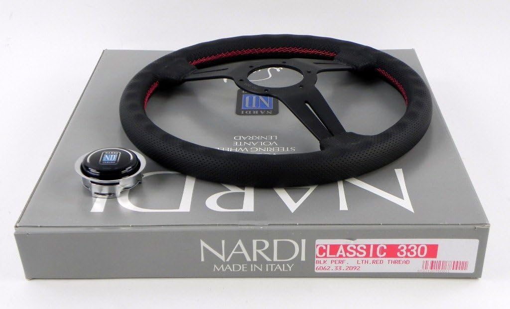 Nardi Steering Wheel - Classic Leather - 330mm (12.99 inches) - Black Perforated Leather with Red Stitching - Black Spokes - Classic Horn Button - Part # 6062.33.2092