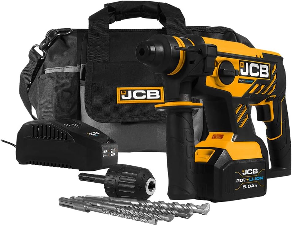 JCBTools - JCB 20V Cordless Brushless SDS Rotary Impact Hammer Drill Power Tool - With 5.0Ah Battery And Charger - For Concrete, Masonry, Removing Plaster, Chiseling, Electricians Drill, Core Cutting