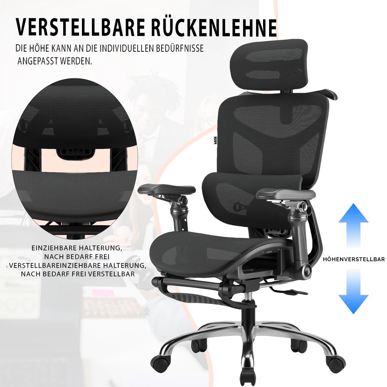 POSH Bürostuhl Ergonomisch mit Fußstütze & 9D Armlehnen - Schreibtischstuhl 145° Neigung mit Dynamischer Lendenwirbelstütze, Verstellbare Kopfstütze, Netzrücken & Aluminiumfußkreuz - bis 100kg