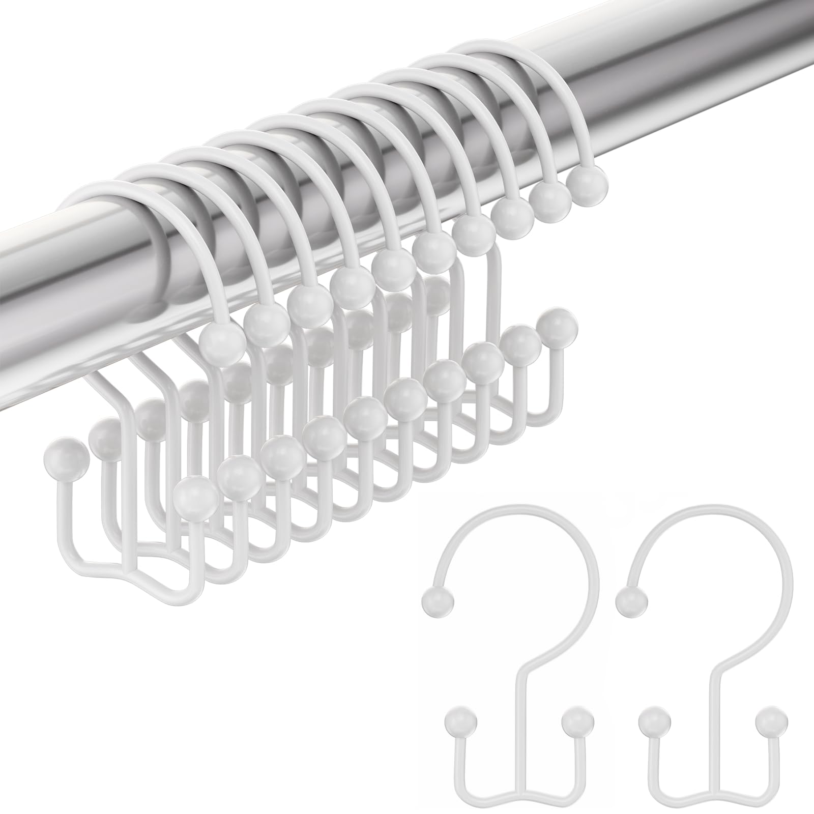 Amazer Shower Curtain Hooks White Double Shower Curtain Hooks, Shower Curtain Rings Sturdy Stainless Steel Shower Hooks for Bathroom Shower Rod, 12Pcs Shower Curtain Hangers