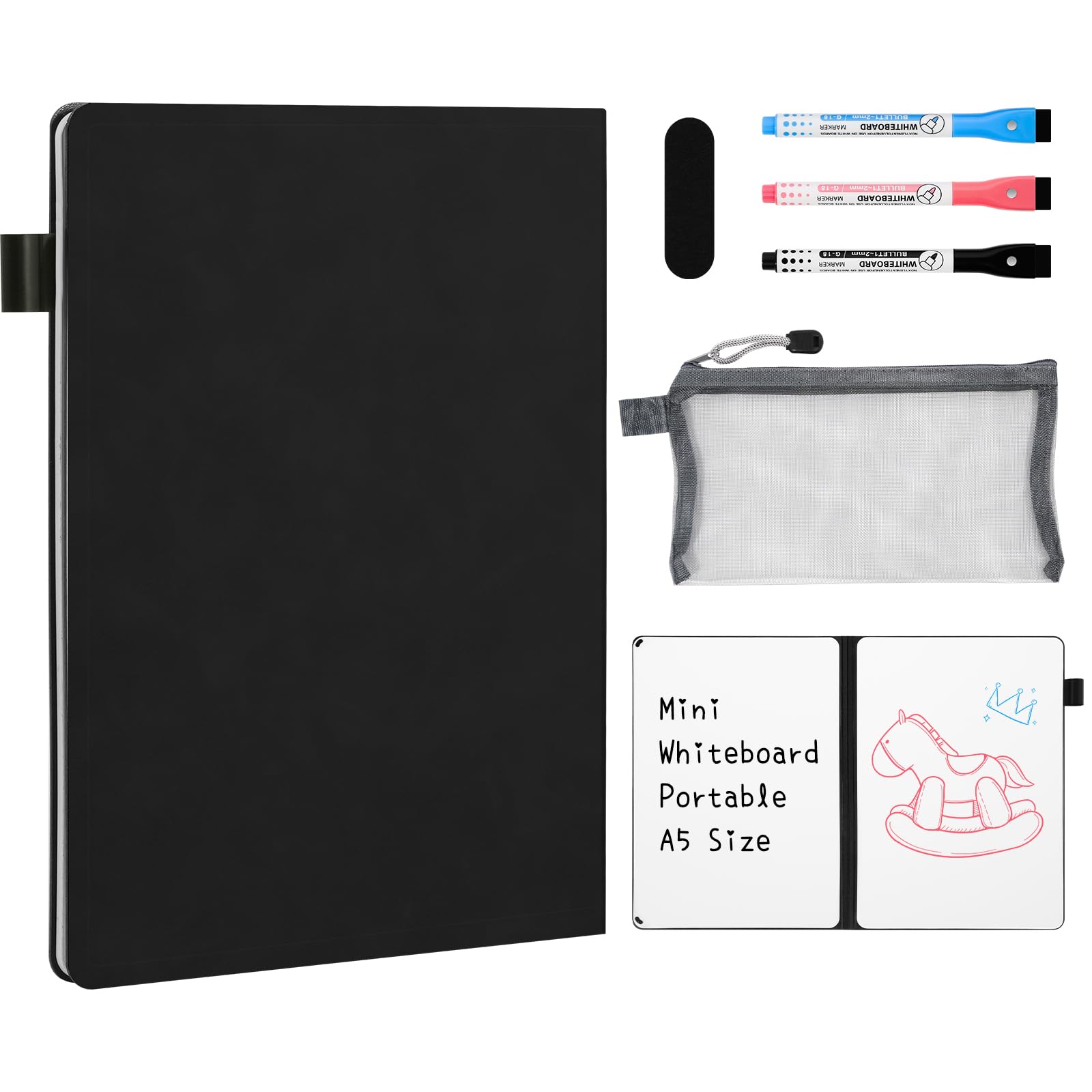 AGM A5 Mini Whiteboard, Portable Dry Erase Board with 3 Colored Markers, Eraser, and Mesh Pouch, Ideal for Studying, Meetings, Note-Taking, and Doodling-Black