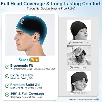 SuzziPad 30-Minute Detachable Cold Therapy Cap for Chemo & Migraine Relief | Long-lasting cooling with removable ice packs, dual-fabric design, 360 full-head coverage, good for chemo or head discomfort