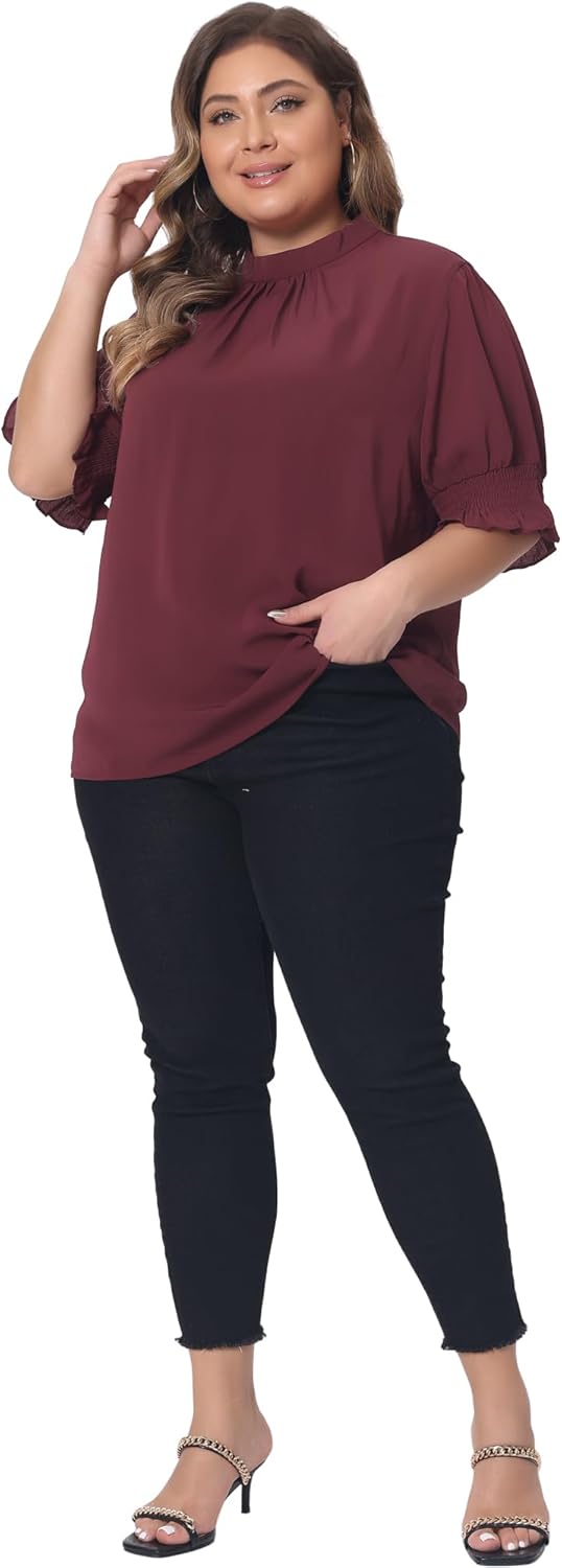 Agnes Orinda Women's Plus Size Summer Work Shirt Top Ruffle Mock Neck Puff Short Sleeve 2025 Casual Blouses - Image 3