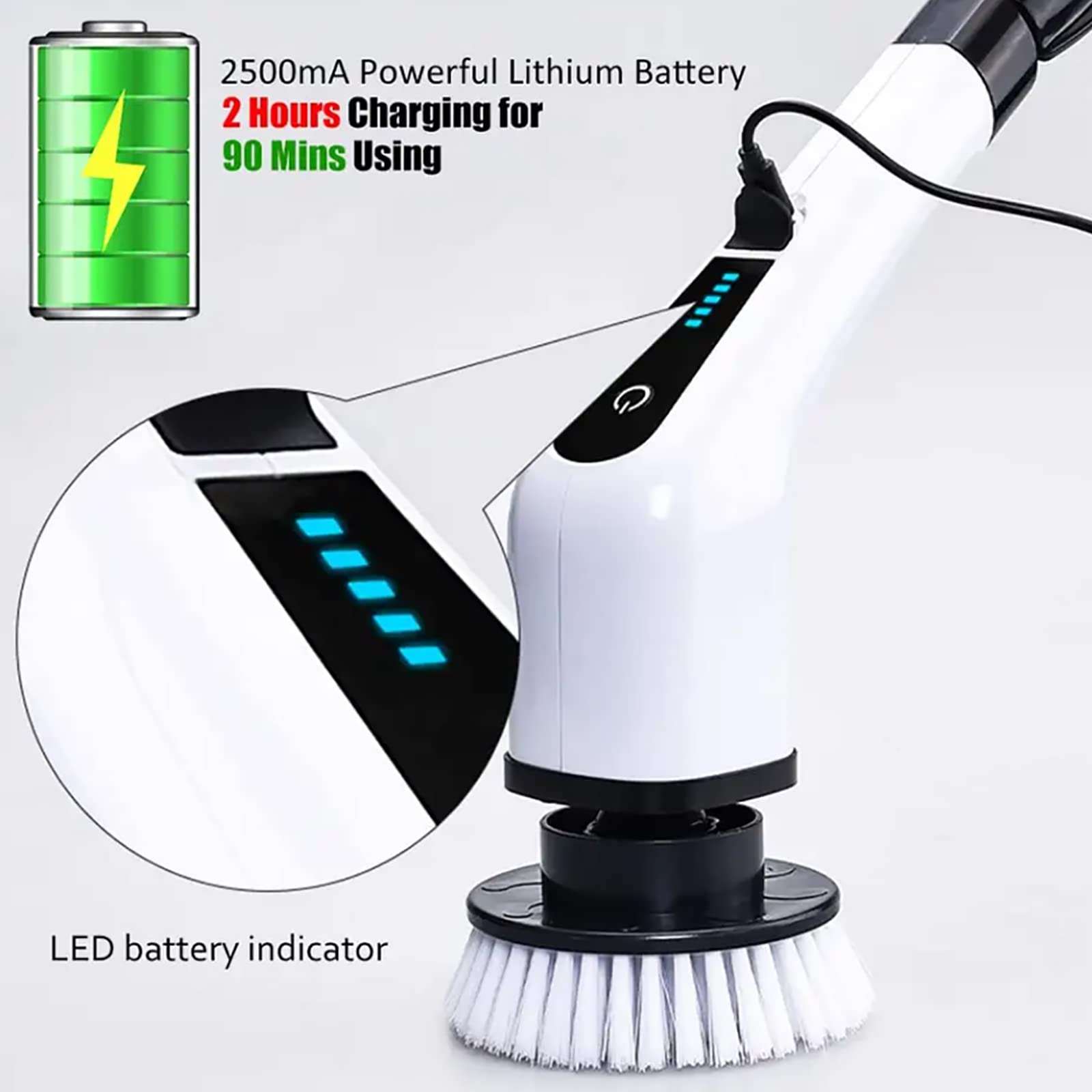 Fregadora Giratoria Eléctrica, Cepillo De Fregado Potente Inalámbrico 360 Con 8 Cabezales De Cepillo Y Mango De Extensión Ajustable, Ajuste De Ángulo De 120°, Para Limpiar Baños, Azulejos, Suelos