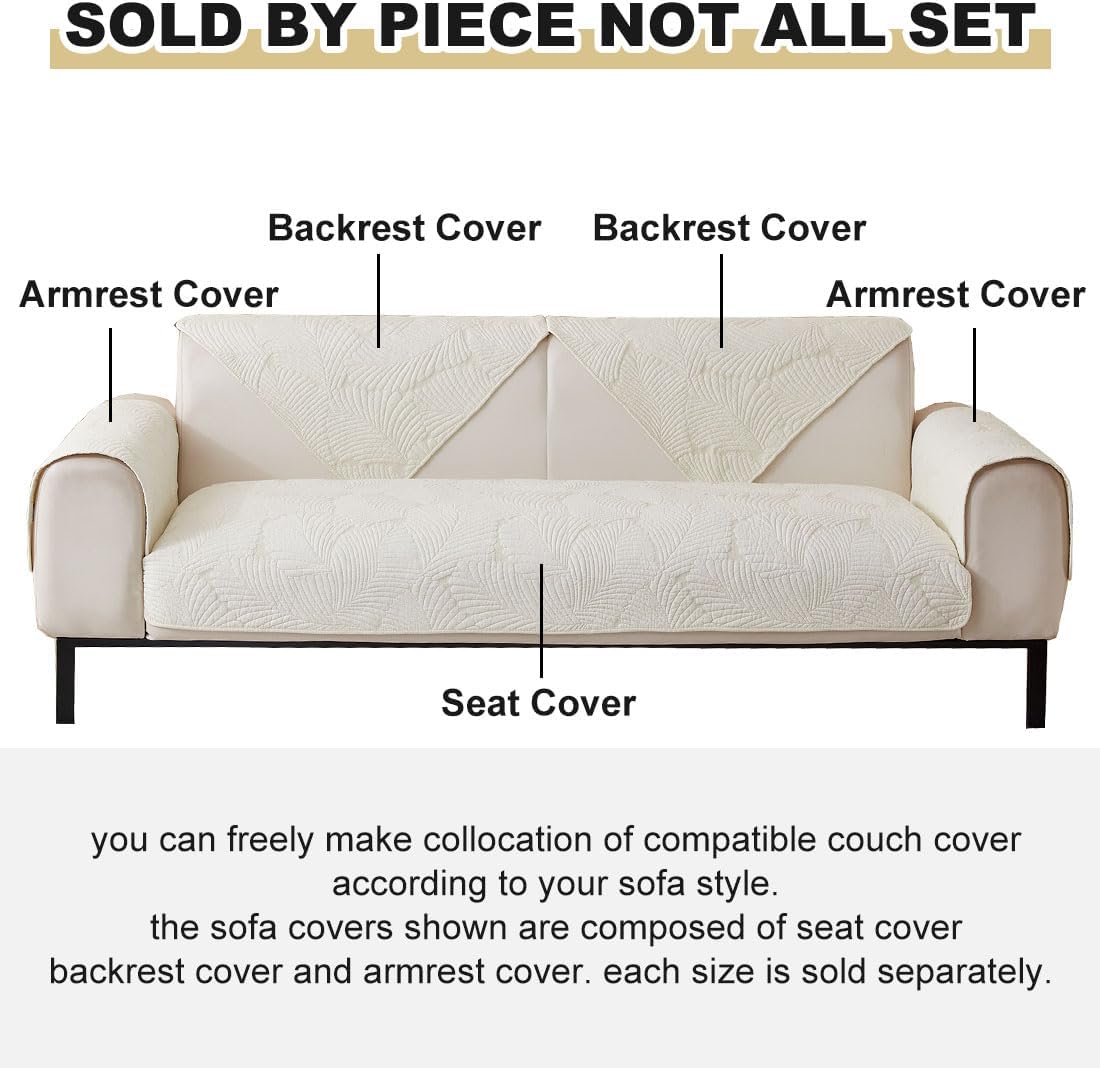vCTops Soft Cotton Quilted Couch Cover Neutral Leaf Embroidery Sofa Cover Anti Slip Sectional Couch Washable Sofa Slipcover for Dogs, Children, Pets, Furniture Protector (Beige White, 43"x63")