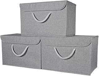 Storage Boxes with lids, grey, Fabric, Stackable, Foldable. For wardrobe, shelves, clothes, bedroom, office, cupboard, keepsake memory box, crafts, toy, shoe, sock, knitting. Rope Handle 3pk