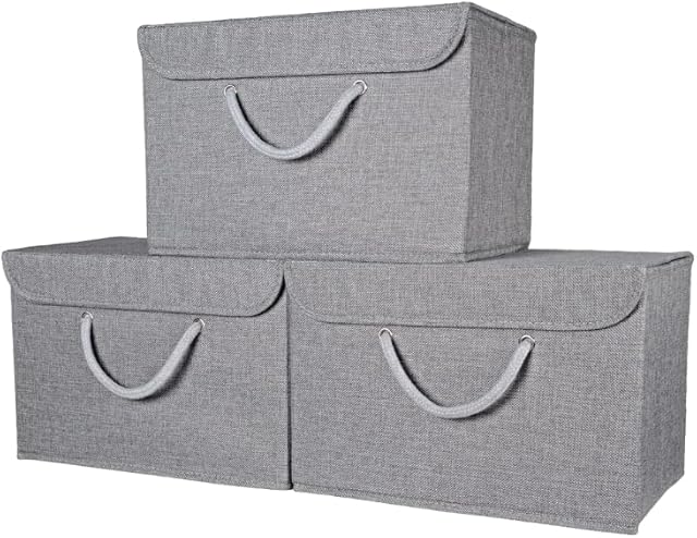 Storage Boxes with lids, grey, Fabric, Stackable, Foldable. For wardrobe, shelves, clothes, bedroom, office, cupboard, keepsake memory box, crafts, toy, shoe, sock, knitting. Rope Handle 3pk