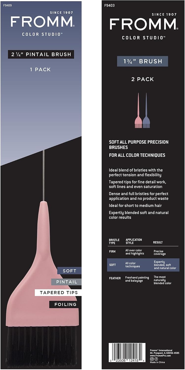 Fromm Color Studio 2-1/4"" Soft Wide Pintail Color Brush 2-Pack for Hair Stylist with Tapered Tips for Precise Sectioning and Foiling, All Color Technqiues, Pink