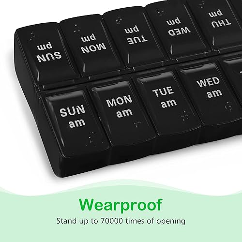 Miniatura 3 de Organizador semanal de pastillas 2 veces al día, 7 días, organizador grande de medicamentos diario, pastillero, pastillero de viaje (2 veces negro)