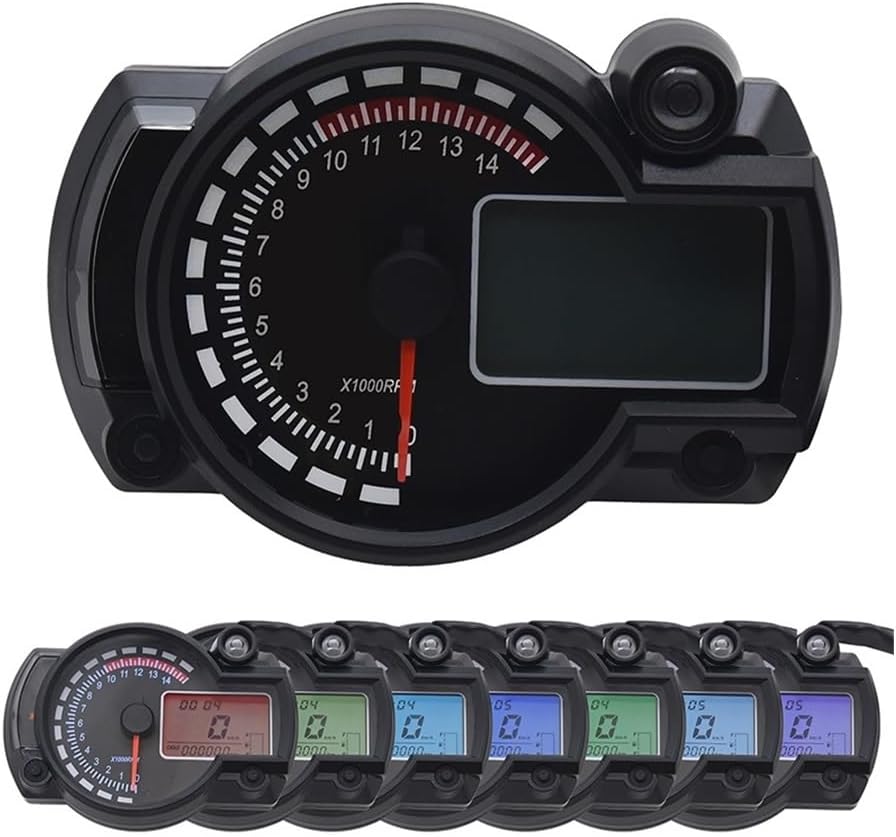 Motorcycle Speedometer Gauge Universal Digital Motorcycle Odometer Tachometer Meter Instrument Adjustable MAX 299KM/H 7colors Dashboard Fuel Gauge