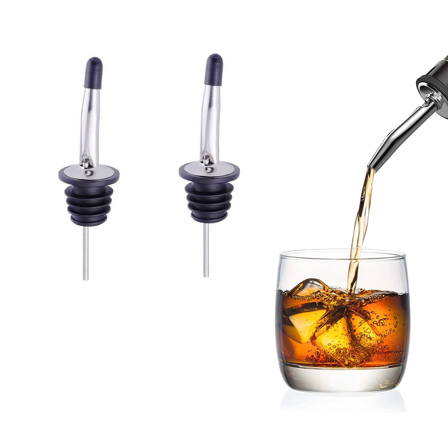 Liquor Pourer,2PCS Bottle Pourers for Spirits Leakproof Bottle Pourers Stainless Steel Freeflow Liquor Wine Pourer Tapered Spout with Silicon Dust Caps for Olive Oil Coffee Syrup Vinegar Bottles