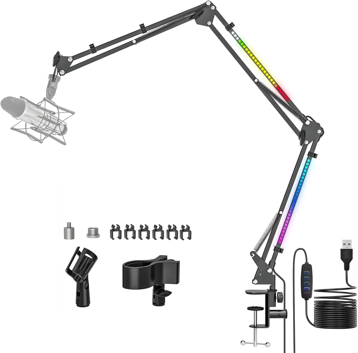 Microphone Boom Arm with RBG Light, 44” Foldable 3-Sections RBG Microphone Arm Desk Mount with 1/4“ 3/8“ 5/8” Screw, Adjustable Mic Desk Stand Mount with C-Clamp for Gaming Streaming Podcasting