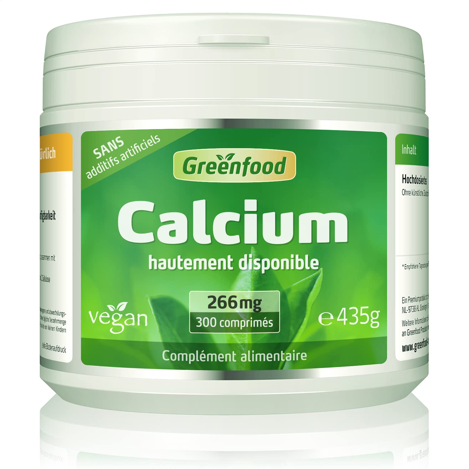 Greenfood Calcium, 266 mg, 300 comprimés - SANS additifs | Citrate de calcium de qualité, chélaté, pour les os, dents et muscles, haute biodisponibilité, testé en laboratoire, vegan
