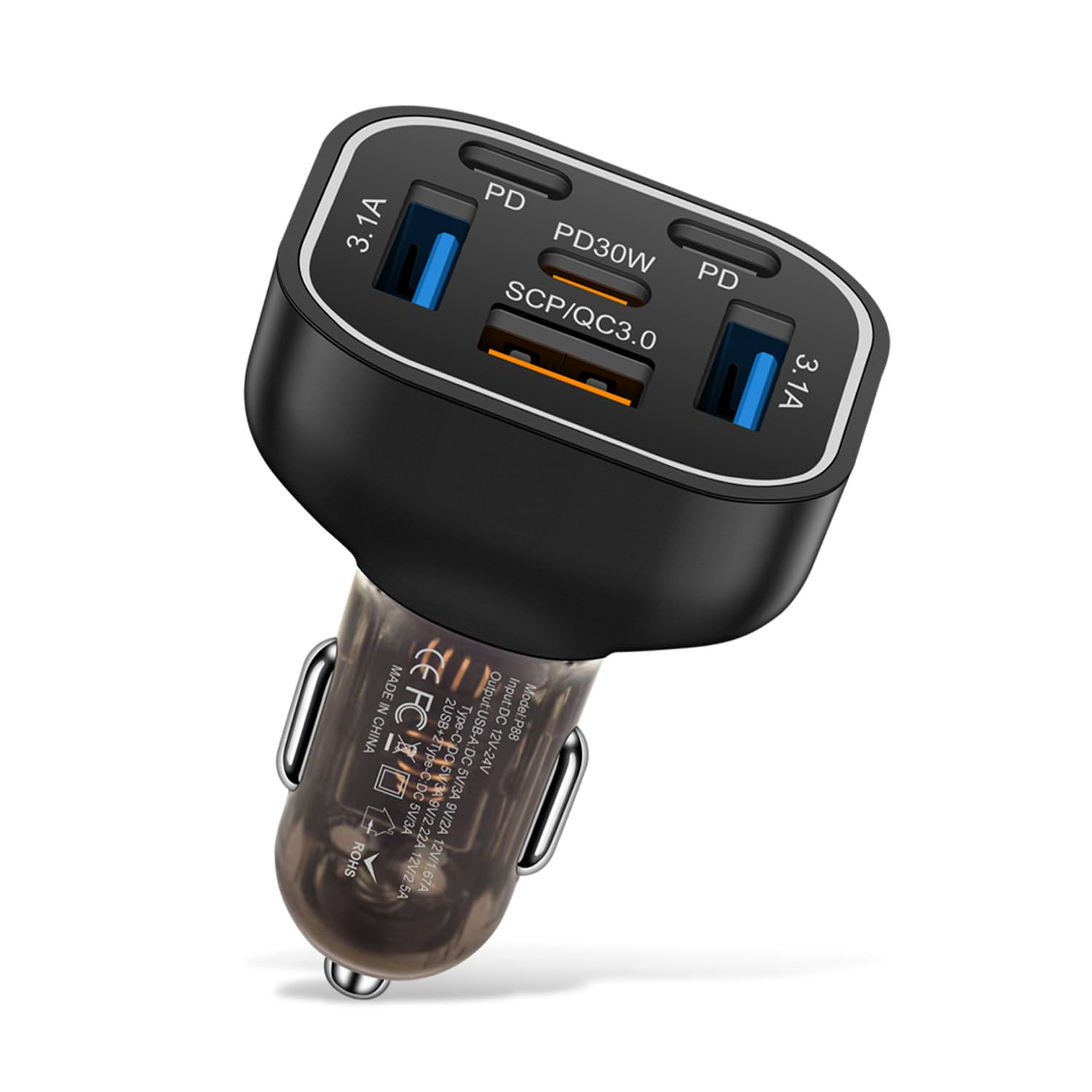 Multi port 6 Ports USB C Car Charger 12v 24v Cigarette Lighter Charger Adapter With PD30W Fast Charge Compatible with Iphone 16 15 14 13 12 11 Pro max Plus Samsung Huawei Xiaomi and more Android phone