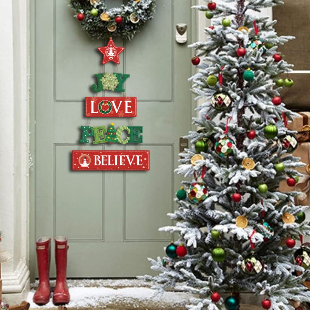 Cartello Natalizio In Legno A Forma Di Albero 52x32 Cm: Joy Love Peace Per Porta O Parete