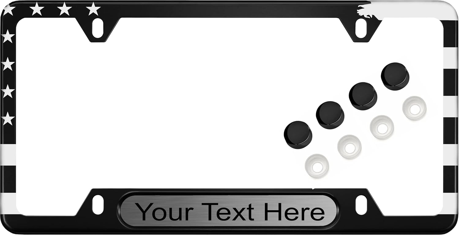 USA Patriotic | American Flag Custom Personalized Anodized Aluminum Thin Top | Narrow Top Black Car License Plate Frame with Free caps - Steel/Black (Qty: 1 Frame)