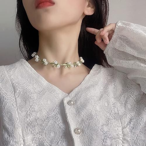Xeryow Lily Of The Valley Choker White Floral Leaf Necklace Alloy Lily Valley Green Necklace For Women Bride Wedding Girls (D) #TOP7