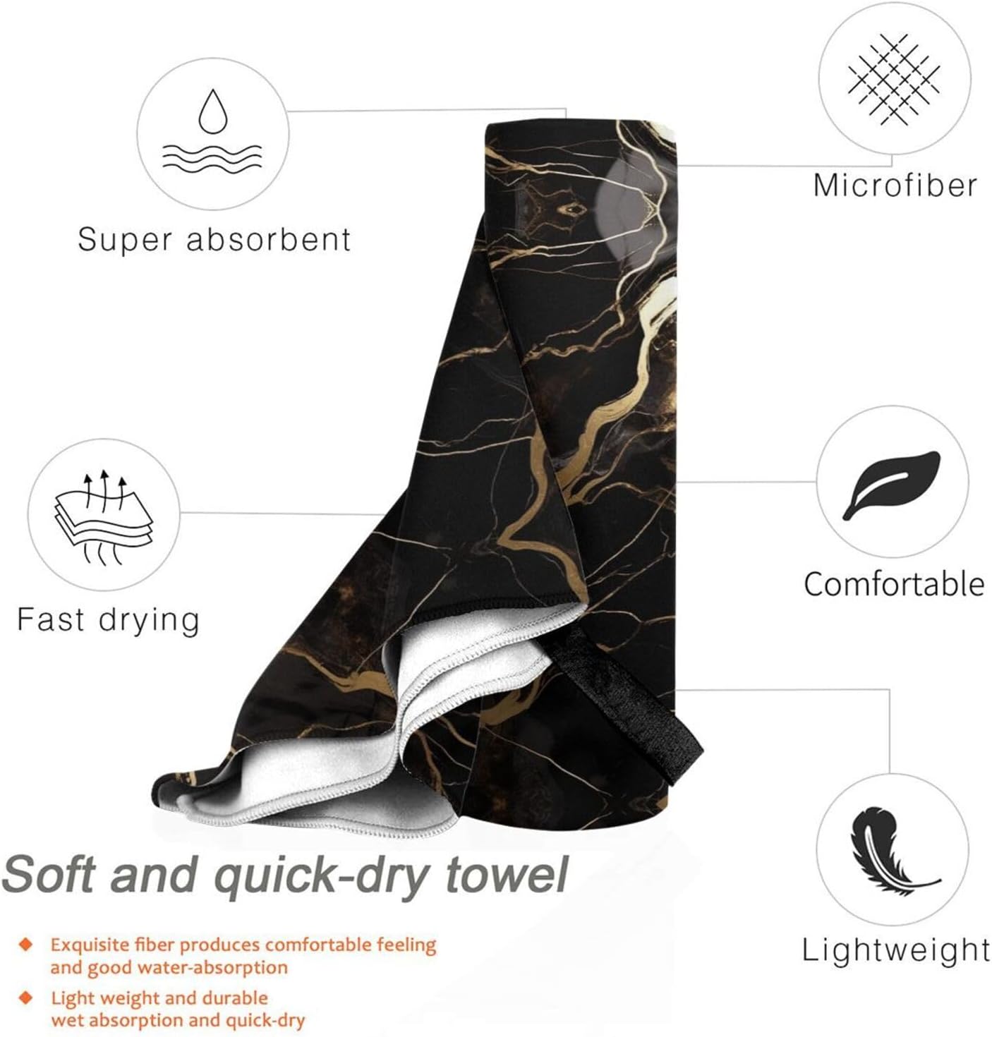 Black Gold Marble Printed Microfiber Towel,Camping Towel,Fast Drying Towel,Soft Lightweight for Gym,Hiking,Yoga,Backpacking