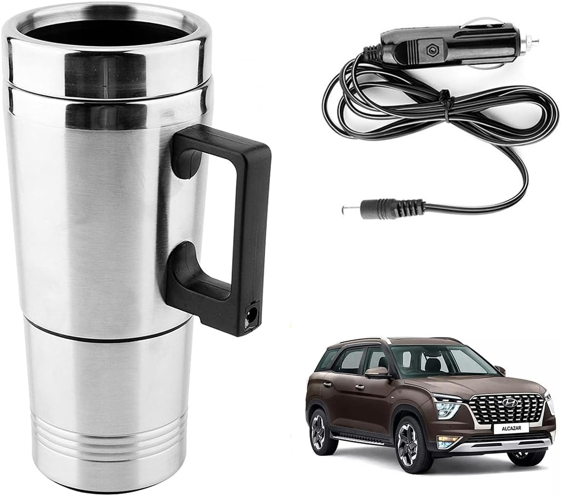 Oshotto 12V Stainless Steel Car Heating Kettle/Mug, Travel Friendly electric Tea/Coffee maker Compatible with Hyundai Alcazar (300ml) - Silver