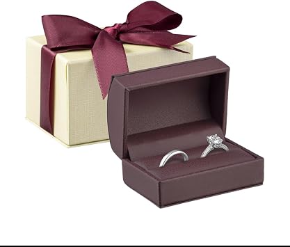 Dome-Shape Leather Double Ring Box - Ring Gift Box for Engagement, Proposal, Wedding Day - Jewelry Box with Cream Ribbed Outer Box & Matching Bow Ribbon - Small Ring Case for Men & Women