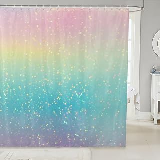 Rainbow Shower Curtain Tie Dye Pastel Bathroom Shower Curtain Setss For Girls Galaxy Glitter Bathroom Accessories For Boys Kids Women, Girly Gradient Star Sky Ombre Bathroom Accessories 72"Wx72"L