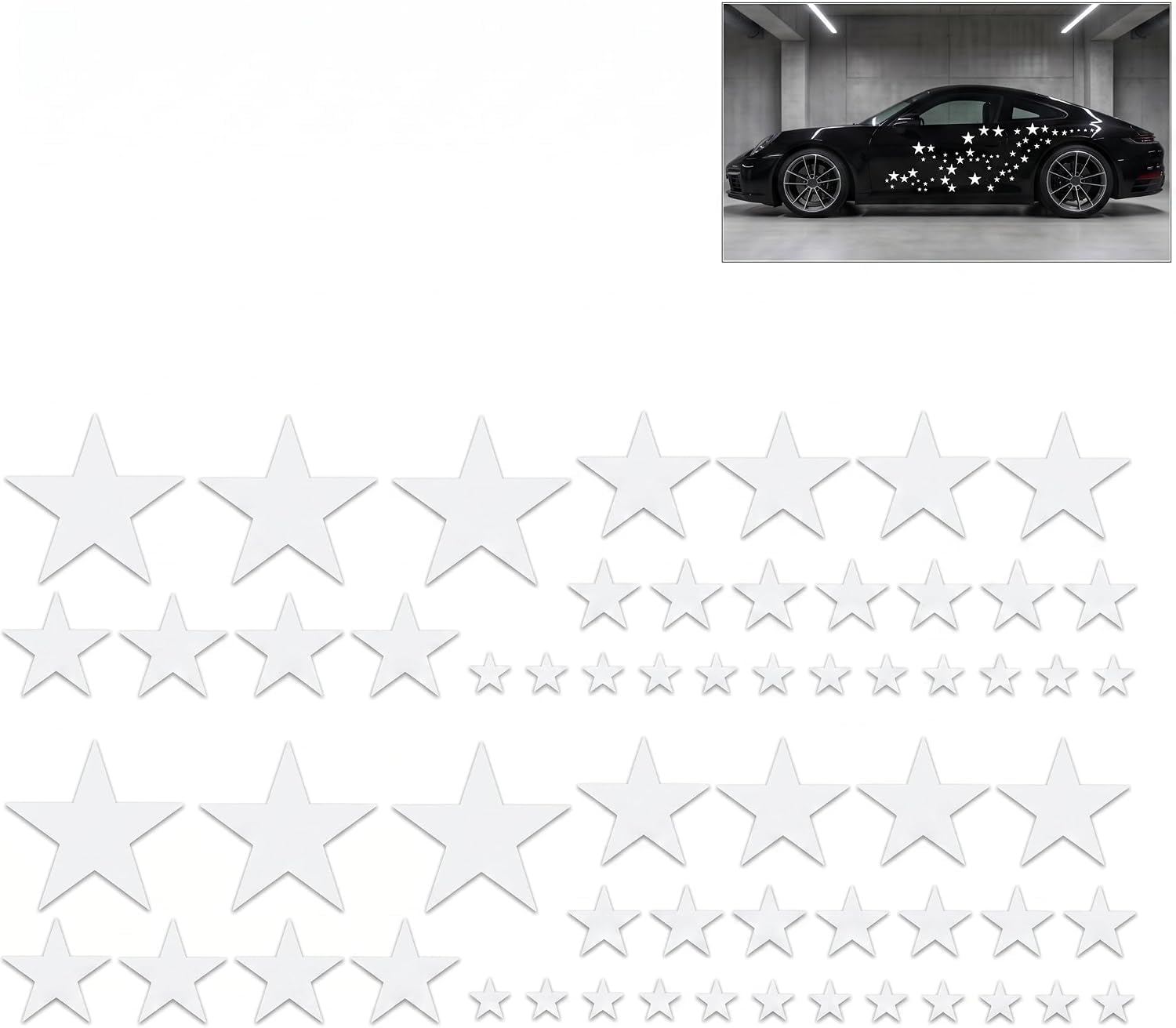 60 PCS Star Car Stickers, Five-Pointed Star Waterproof Vinyl Decals, Self-Adhesive Scratch Body Window Bumper DIY Decorative Sticker, Universal for Most Cars SUVs Trucks (White, 15x15 cm)-image-12