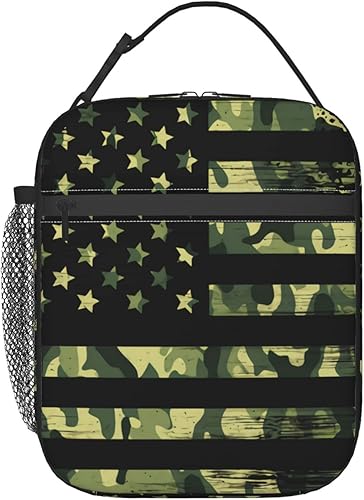 Lonchera aislada con bandera estadounidense de camuflaje para mujeres y hombres, lonchera reutilizable con correa de hombro ajustable para el
