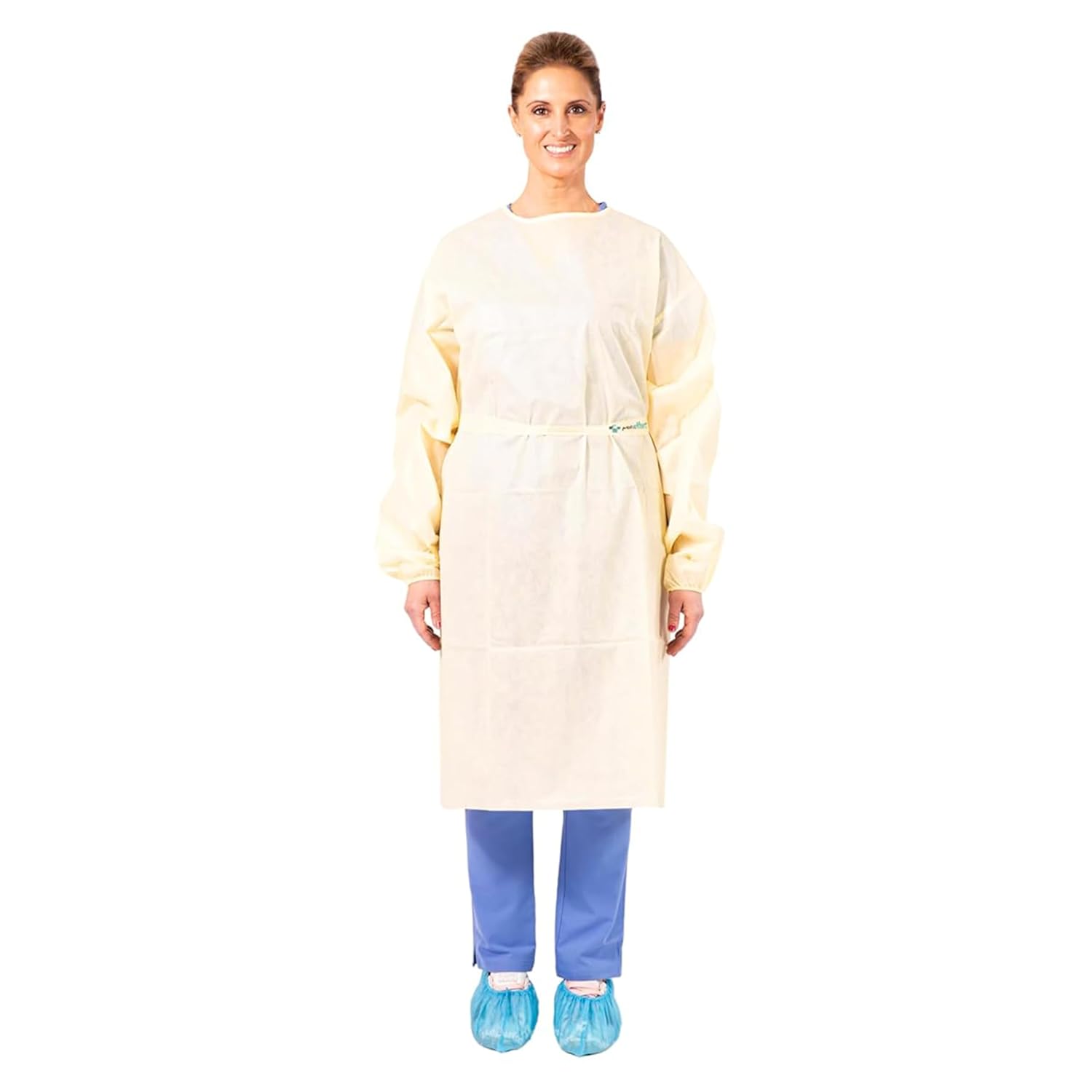 Disposable Isolation Gowns 100 Pack, Medium Weight SMS Fabric, Fluid Resistant Protective Gown with Elastic Cuffs, Neck & Waist Ties, Yellow, Medical, Dental, Lab & Cleaning Use(Large)