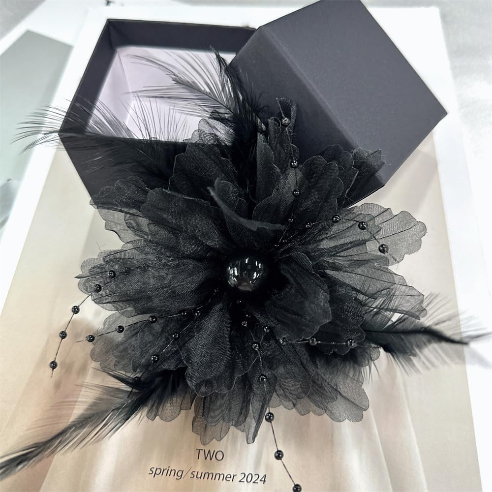 Organza Flower Feather Imitation Pearl Fabric Big Brooches Lapel Pins for Women Elegant Floral Brooch Pin for Dresses Suit Wedding Banquet Clothes Accessories Fashion Jewelry 140mm - Image 3