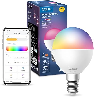 Tapo Bombilla WiFi L430P Smart P45, casquillo E14, 470 lúmenes, 16 millones de colores, regulable, horario y temporizador, monitorización de energía, compatible con Alexa, Google Assistant y Samsung