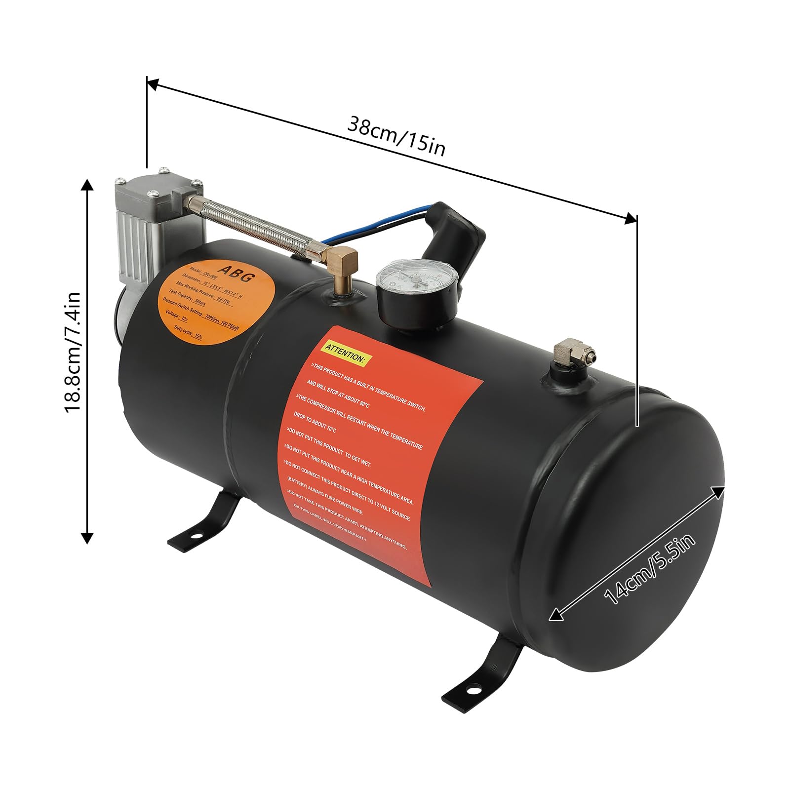 Compresor de aire 12 V, compresor de aire comprimido 150 psi con 3 L, cobre, modelo ON-688, para coches y barcos, con cuernos de aire, color negro