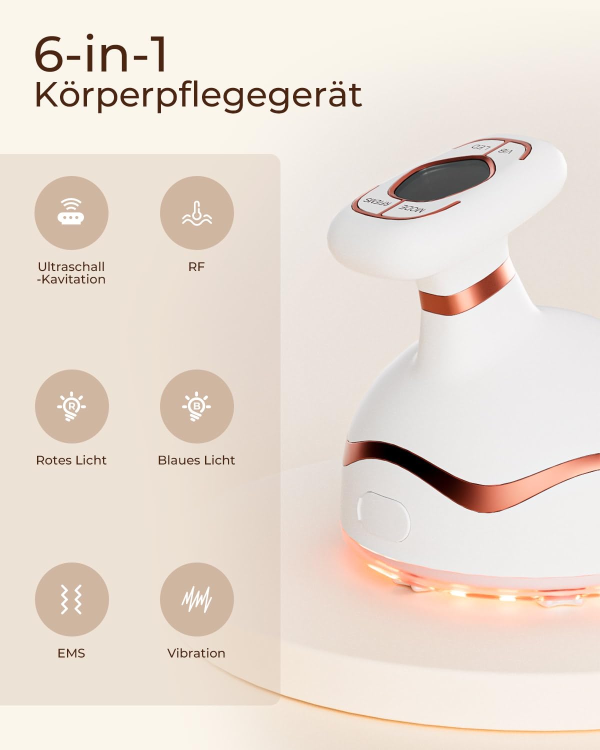 CARER BEAUTY 6-in-1 Kavitationsmaschine Cellulite Massagegerät Ultraschall RF EMS rotem blauem Licht Vibration Anti Cellulite Anti-Aging Hautstraffung Körper