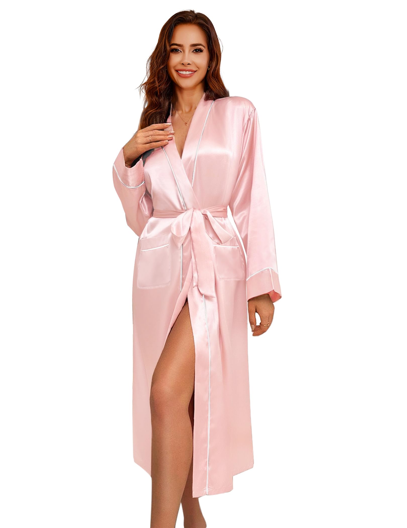 Ekouaer Satin Robes for Women Long Sleeve Silk Bathrobe Soft Lightweight Full Length Sleepwear Bridesmaid Wedding Party Robes