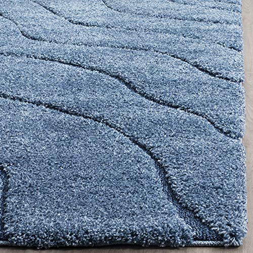 Image of Textured Wave Shaggy Rectangular Carpet For Living Room,Bedroom,High Low Design Finish Microfiber 1.8 Inch Pile High,4X6 Feet Sky Blue|Blue Color