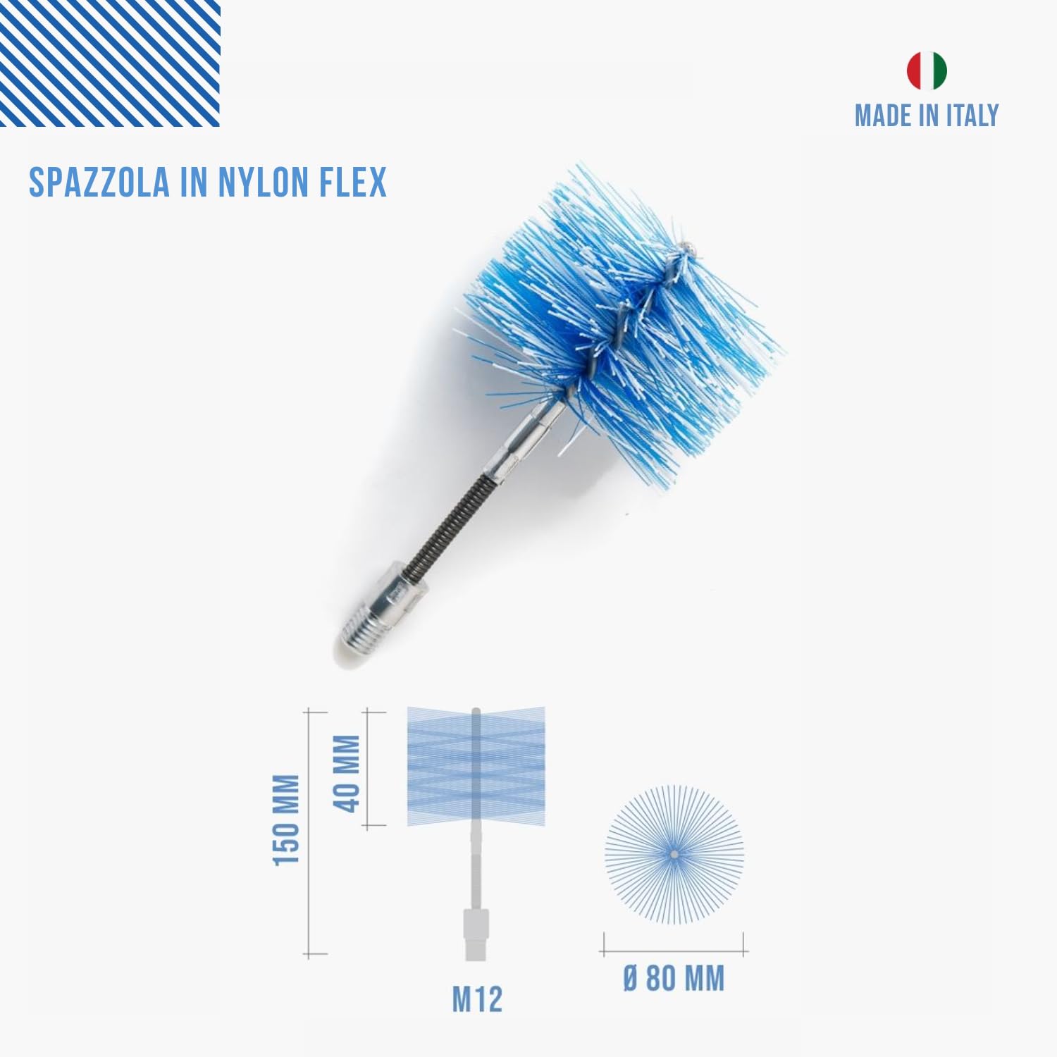 BARETTO FLEX Kit Pulizia Stufa a Pellet Canna Fumaria Ø 80 mm Lunghezza 6 m Spazzola Snodata Attacco M12