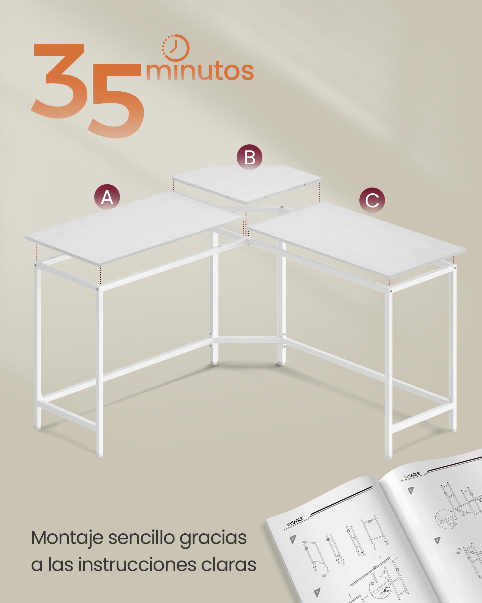 VASAGLE Escritorio, Mesa de Ordenador en Forma de L, 140 x 140 x 76 cm, Escritorio Esquinero, Ahorra Espacio, para Oficina Casa, Juegos, Fácil de Montar, Blanco Arce LWD073W01V1