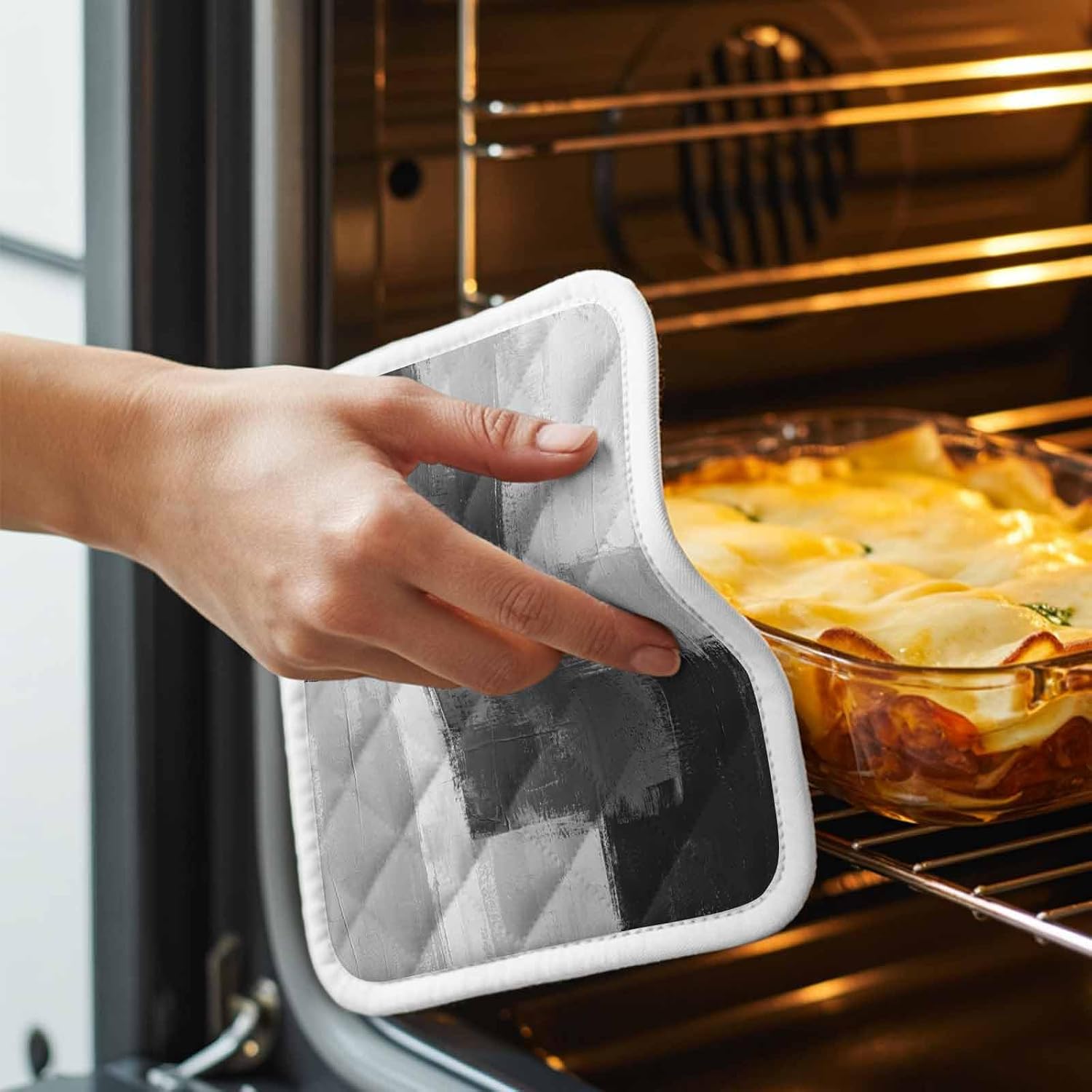 5 Pack Pot Holders Heat Insulation Hot Pads,Modern Black Gray Color Block Washable Oven Pot Holder Set for Kitchen Abstract Oil Painting Texture Potholders for Baking Cooking Dining Table