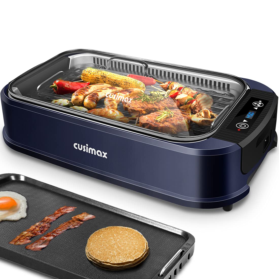 Indoor Grill Electric Grill Griddle CUSIMAX Smokeless Grill, Portable Korean BBQ Grill with Turbo Smoke Extractor Technology, Non-stick Removable Grill and Griddle Plates(Double Plates)