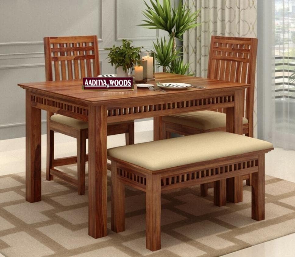Image of AADITYA WOODS Solid Sheesham Wood 4 Seater Dining Table Set with Chairs & Bench for Living Room Home Wooden Dining Table Set for Office Restaurant Modern Dining Room Set-45x30x30inch (ad-Honey4sB)