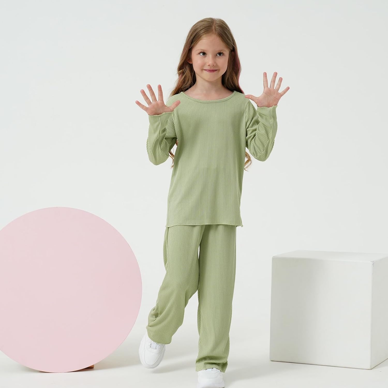 Girls Autumn 2 Piece Outfits Ribbed Long Sleeve Tops and Wide Leg Pants Kids Set Tracksuit 4-7T - Image 2